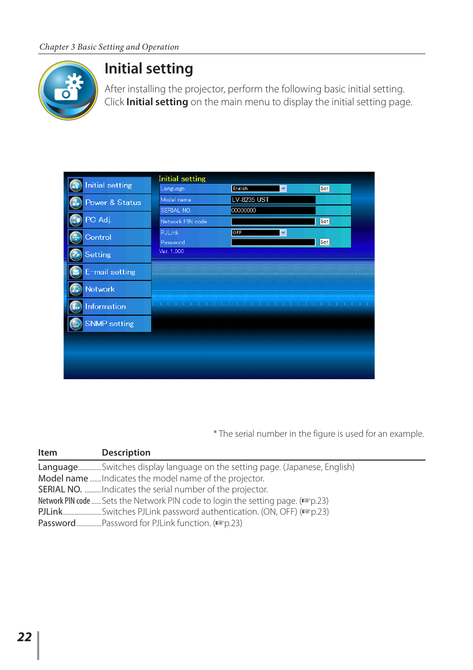 Initial setting | Canon Projector LV-8235 UST User Manual | Page 22 / 61