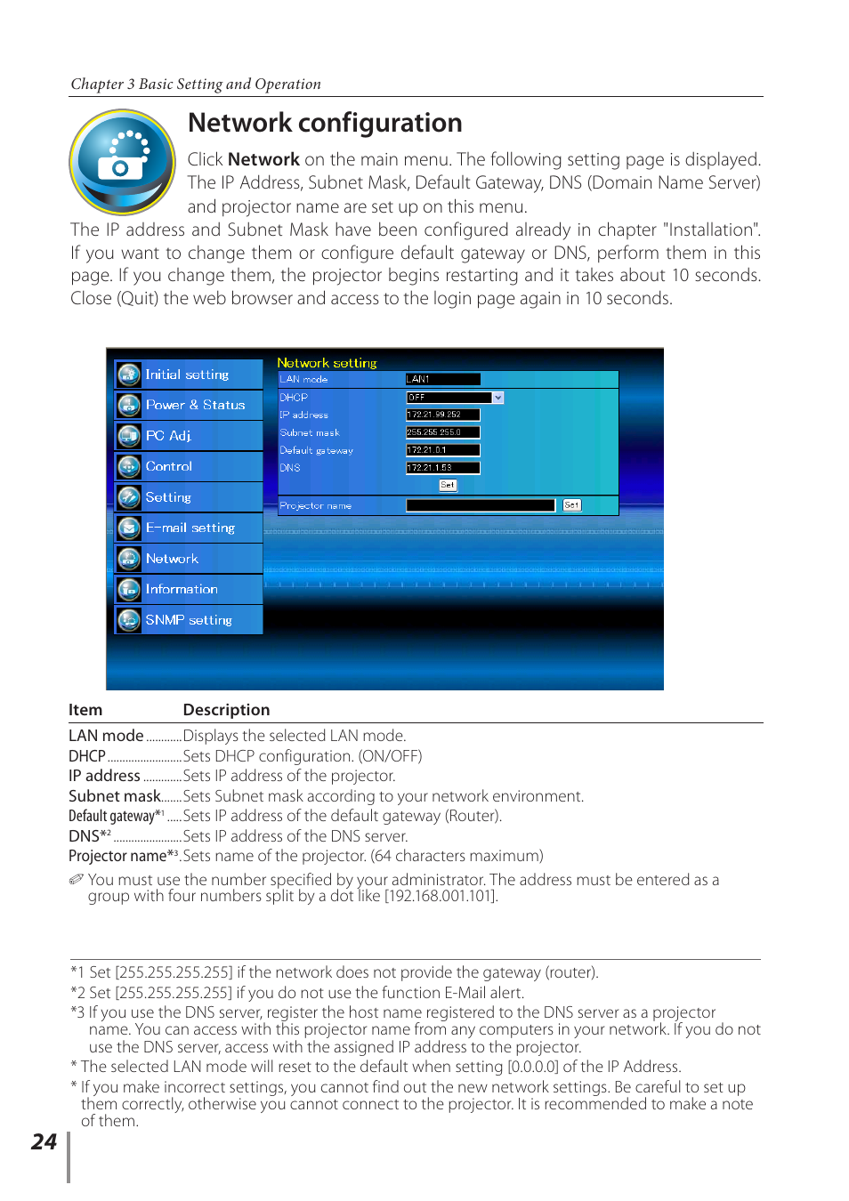 Network configuration | Canon Projector LV-8235 UST User Manual | Page 24 / 61