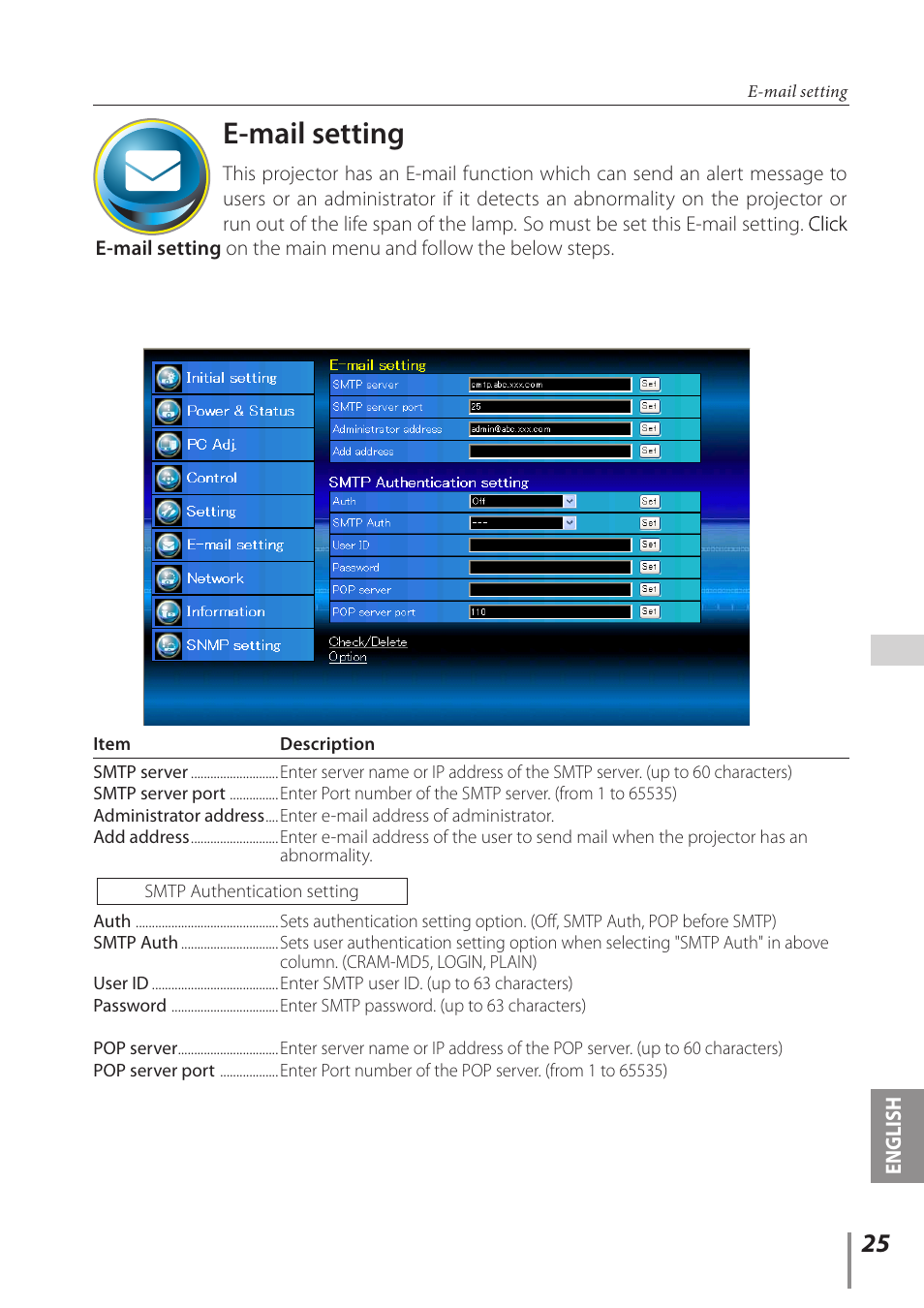 E-mail setting, English | Canon Projector LV-8235 UST User Manual | Page 25 / 61