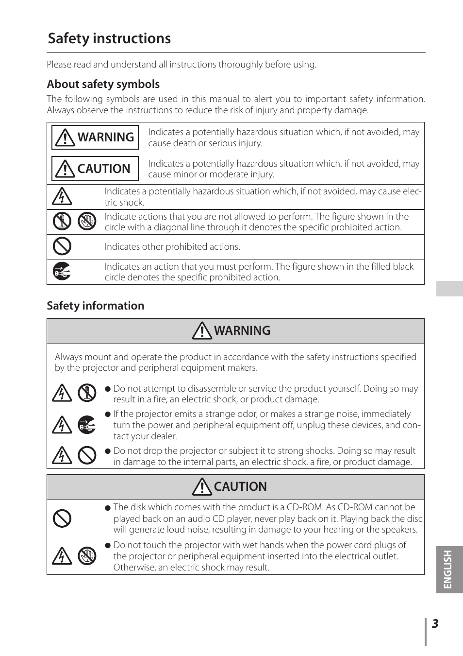 Safety instructions, Warning caution | Canon Projector LV-8235 UST User Manual | Page 3 / 61