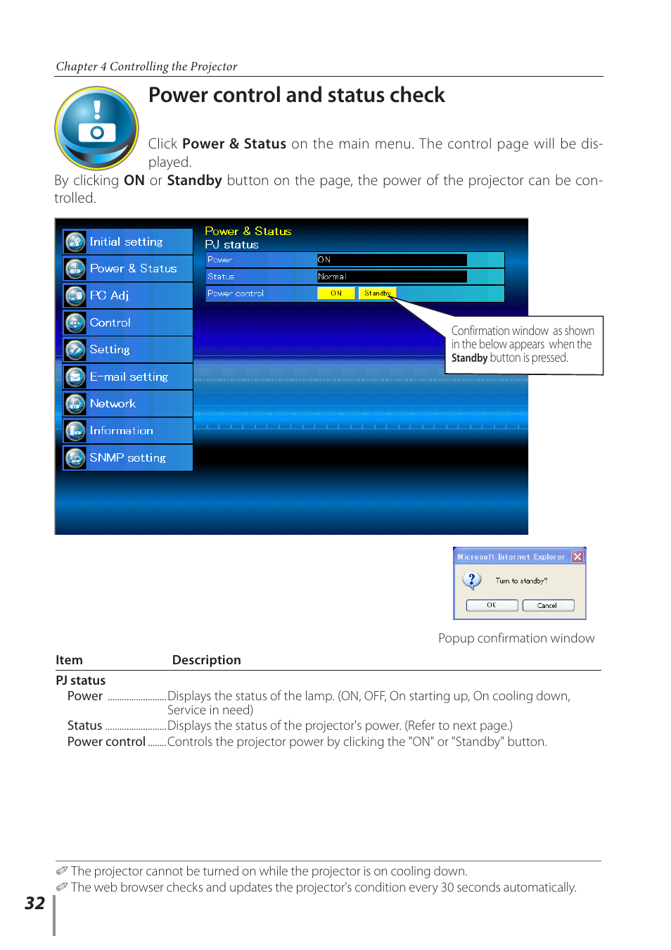 Power control and status check | Canon Projector LV-8235 UST User Manual | Page 32 / 61