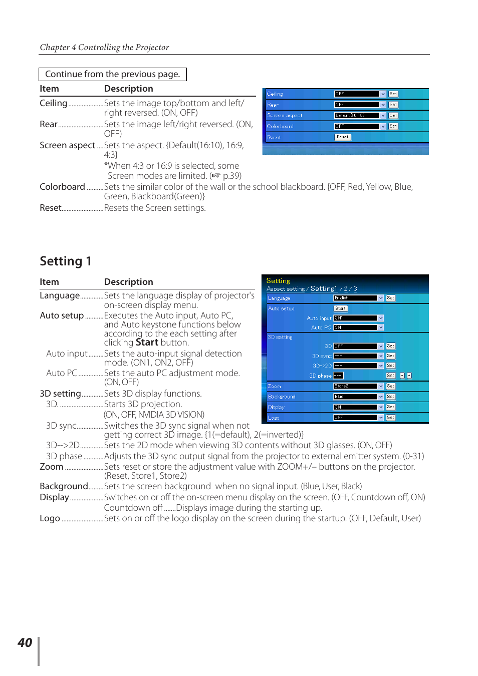 Setting 1 | Canon Projector LV-8235 UST User Manual | Page 40 / 61