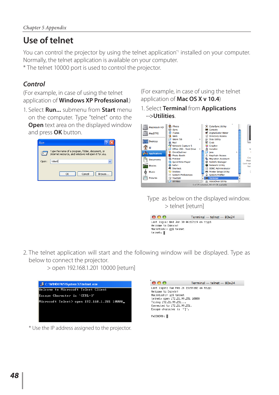 Use of telnet | Canon Projector LV-8235 UST User Manual | Page 48 / 61