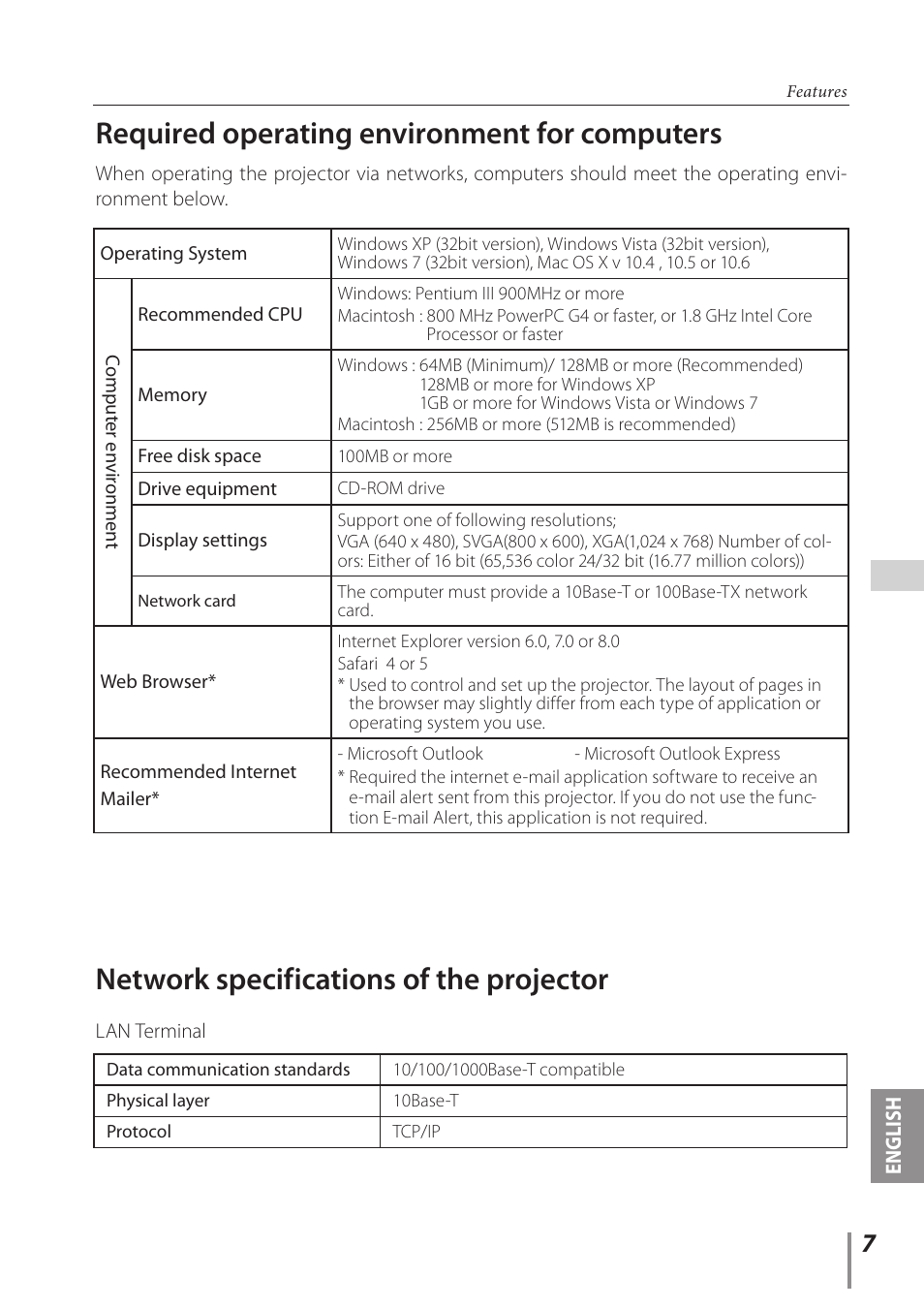 Required operating environment for computers, Network specifications of the projector | Canon Projector LV-8235 UST User Manual | Page 7 / 61