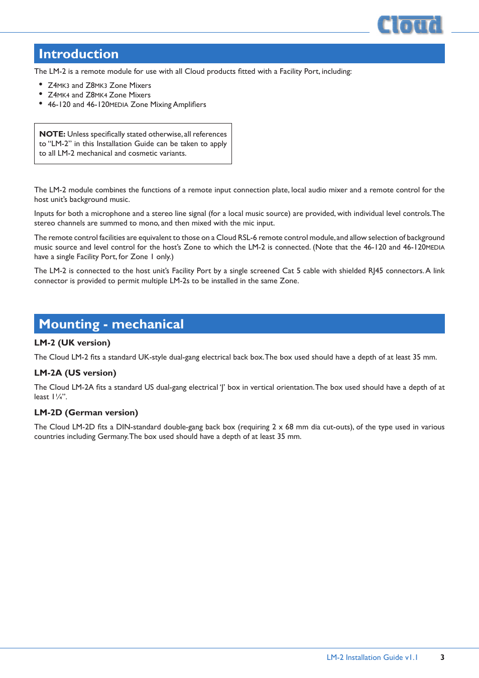 Introduction, Mounting - mechanical | Cloud Electronics LM-2B User Manual | Page 3 / 12