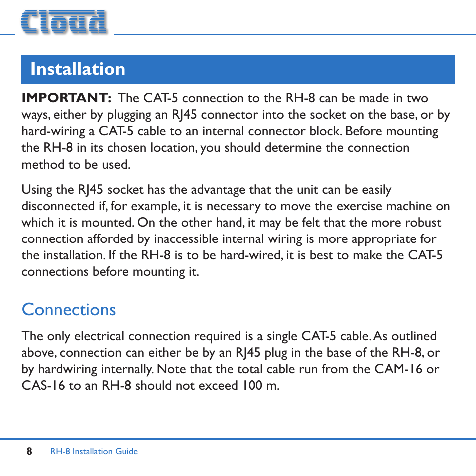 Installation, Connections | Cloud Electronics RH-8c User Manual | Page 8 / 16