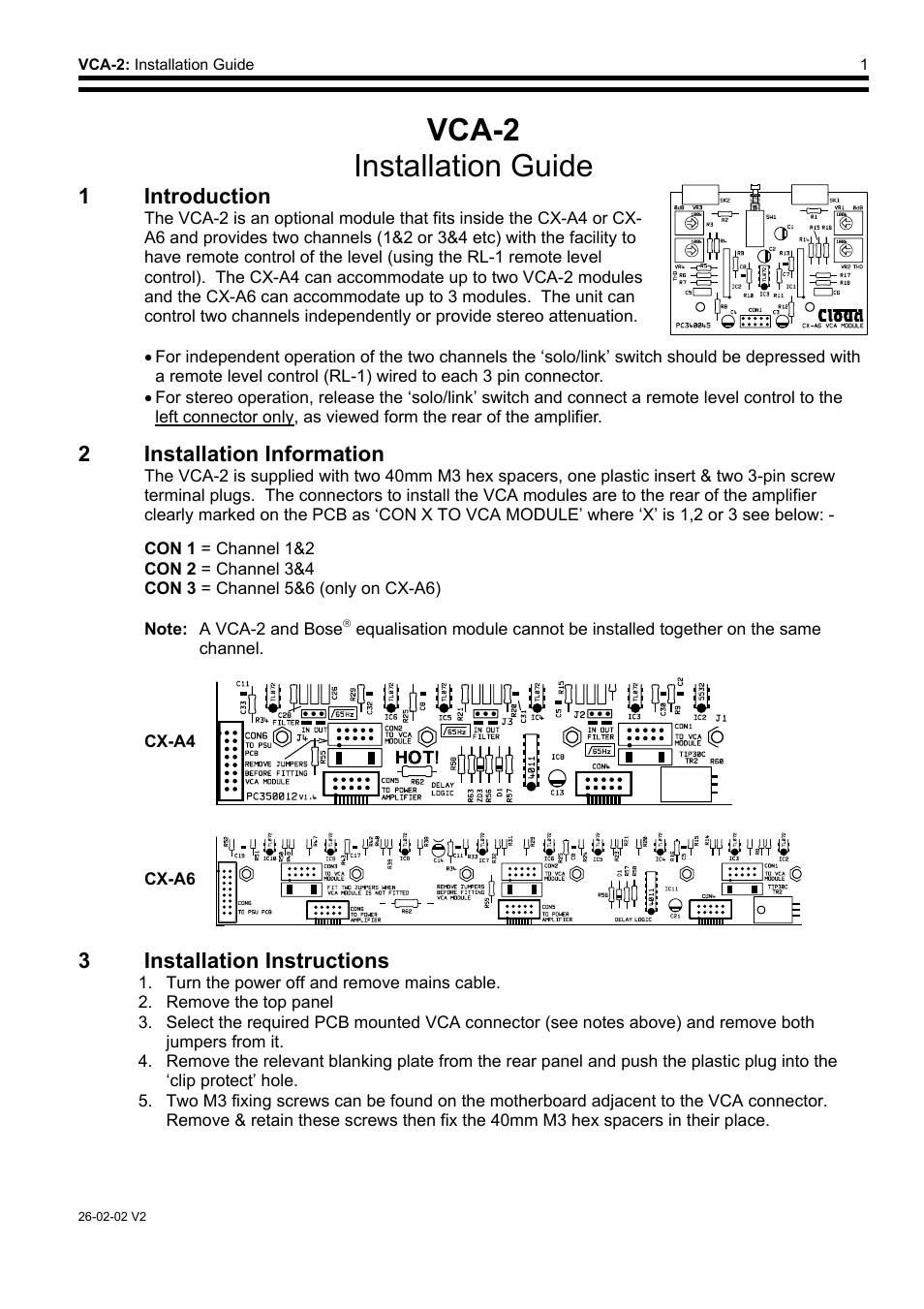 Vca-2 installation guide, 1 introduction, 2 installation information | 3 installation instructions | Cloud Electronics VCA-2 User Manual | Page 2 / 3