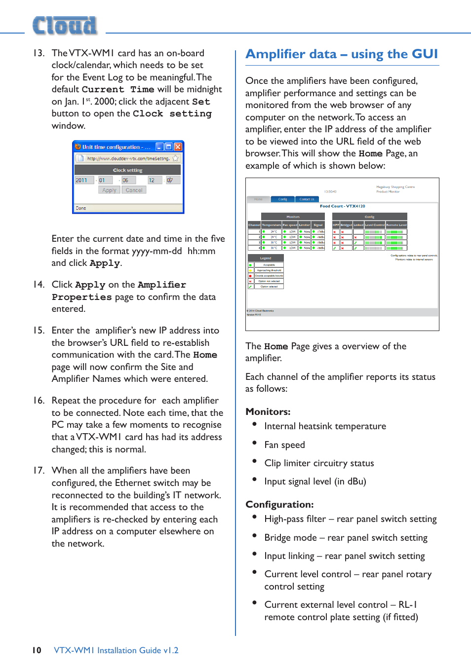 Amplifier data – using the gui, Monitors, Configuration | Cloud Electronics VTX-WM1 User Manual | Page 10 / 21