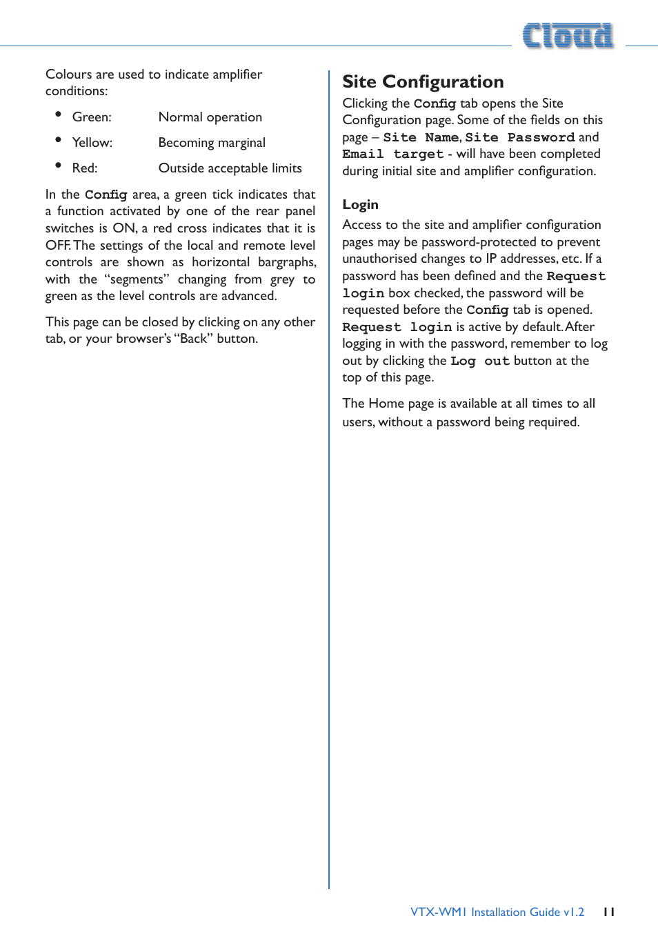 Site configuration, Login | Cloud Electronics VTX-WM1 User Manual | Page 11 / 21