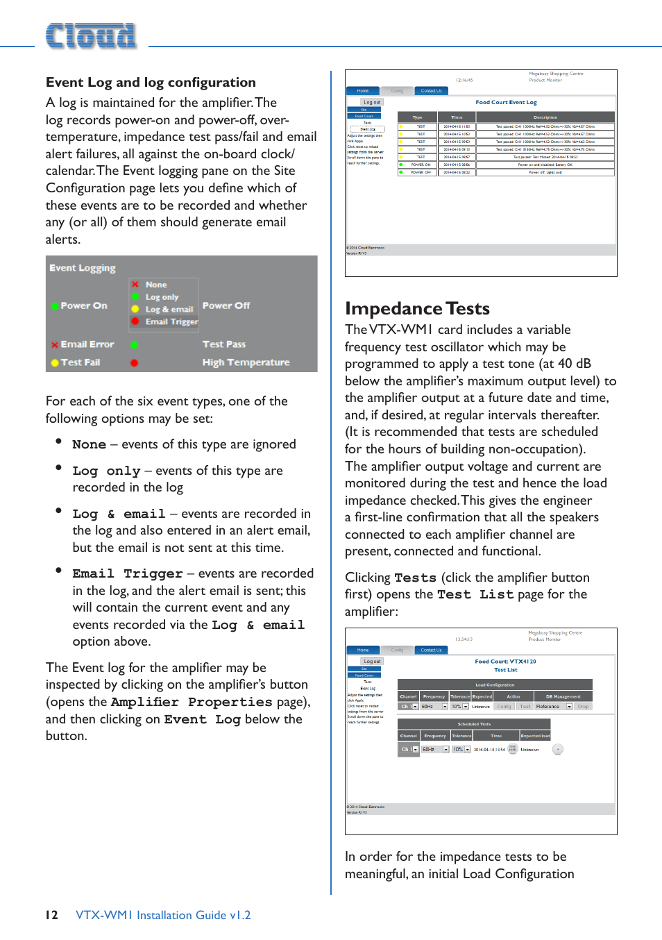 Short email format event log and log configuration, Impedance tests | Cloud Electronics VTX-WM1 User Manual | Page 12 / 21