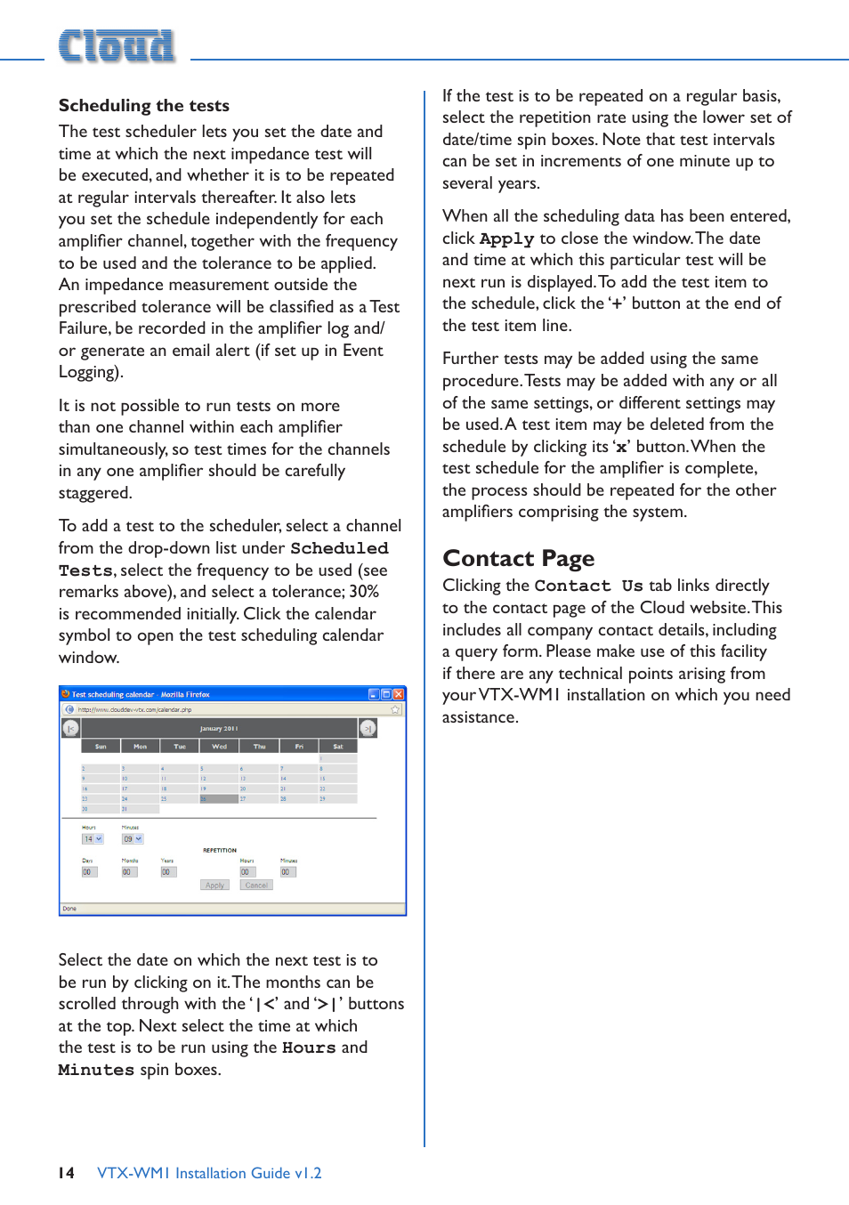 Scheduling the tests, Contact page | Cloud Electronics VTX-WM1 User Manual | Page 14 / 21
