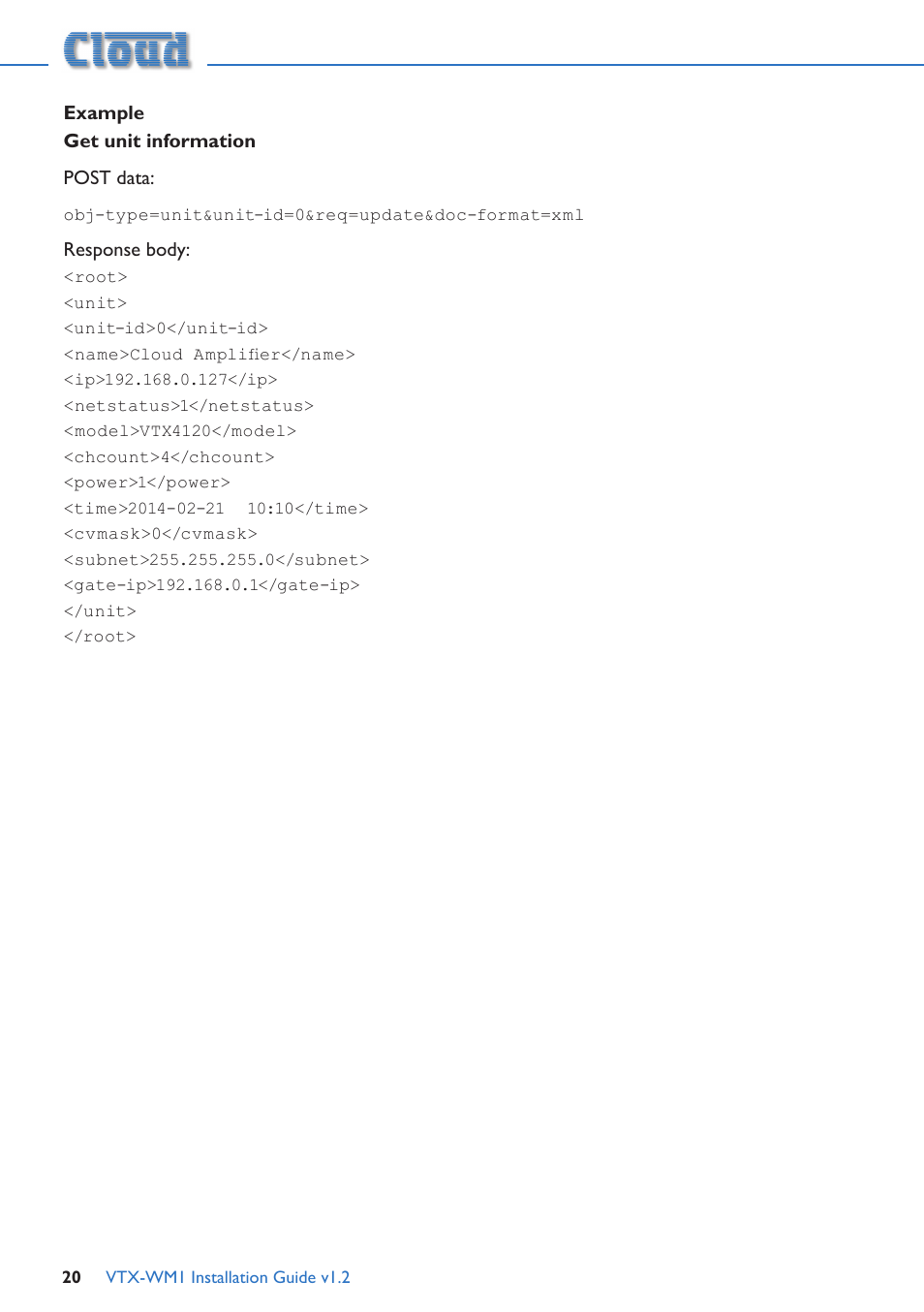 Example | Cloud Electronics VTX-WM1 User Manual | Page 20 / 21