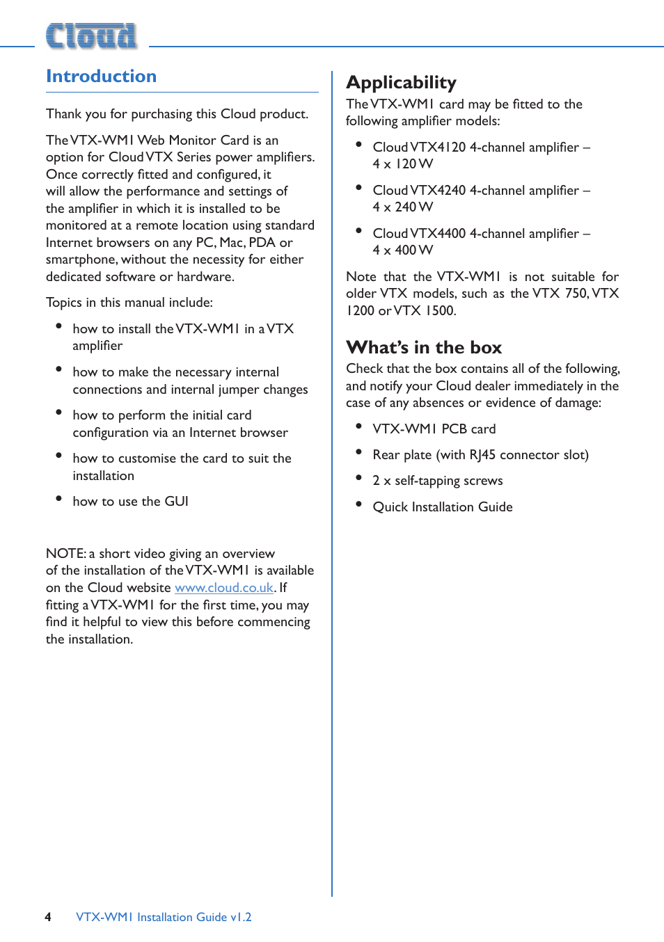 Introduction, Applicability, What’s in the box | Cloud Electronics VTX-WM1 User Manual | Page 4 / 21