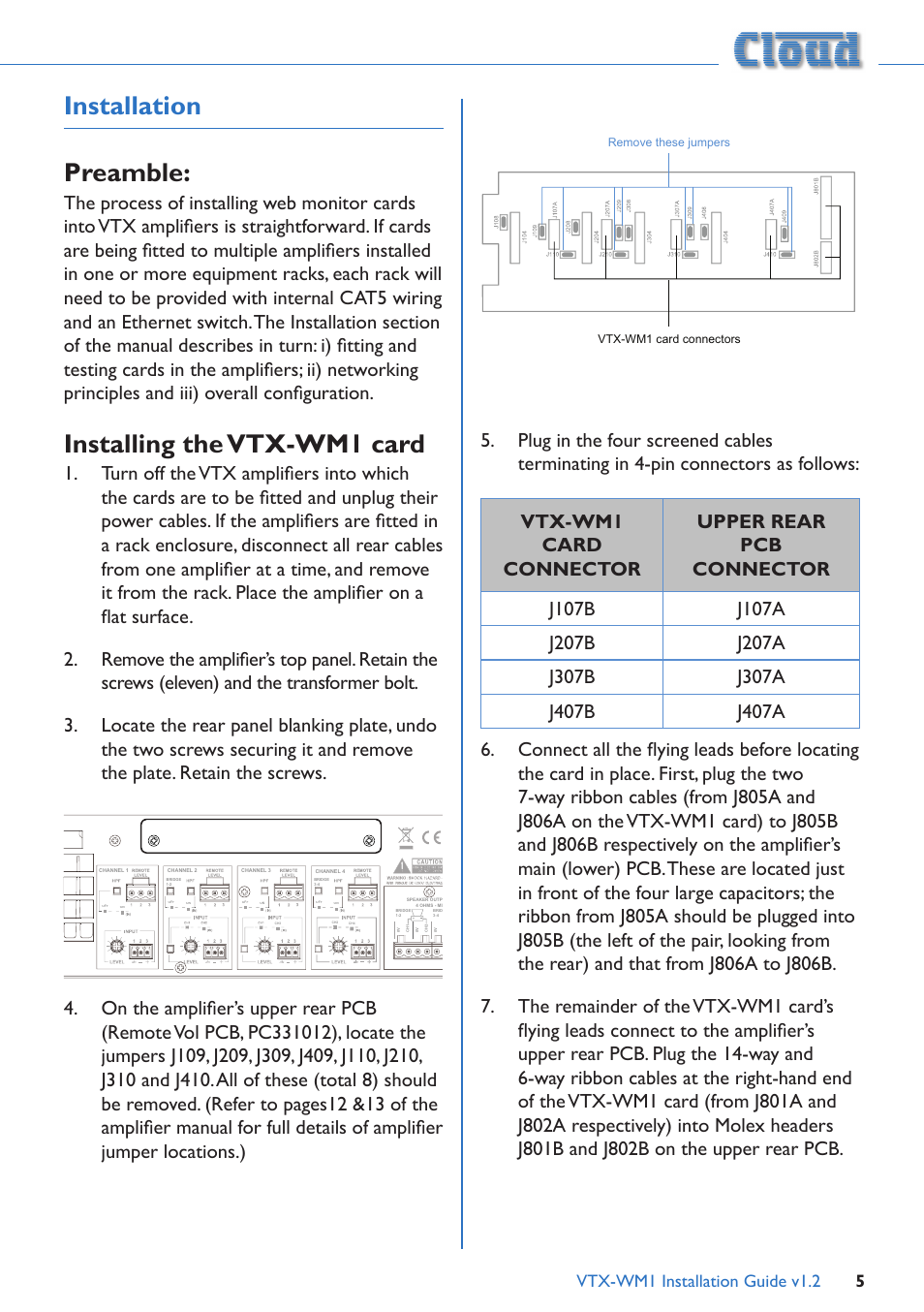 Installation, Preamble: installing the vtx-wm1 card, Installation preamble | Installing the vtx-wm1 card, Vtx-wm1 installation guide v1.2 5 | Cloud Electronics VTX-WM1 User Manual | Page 5 / 21