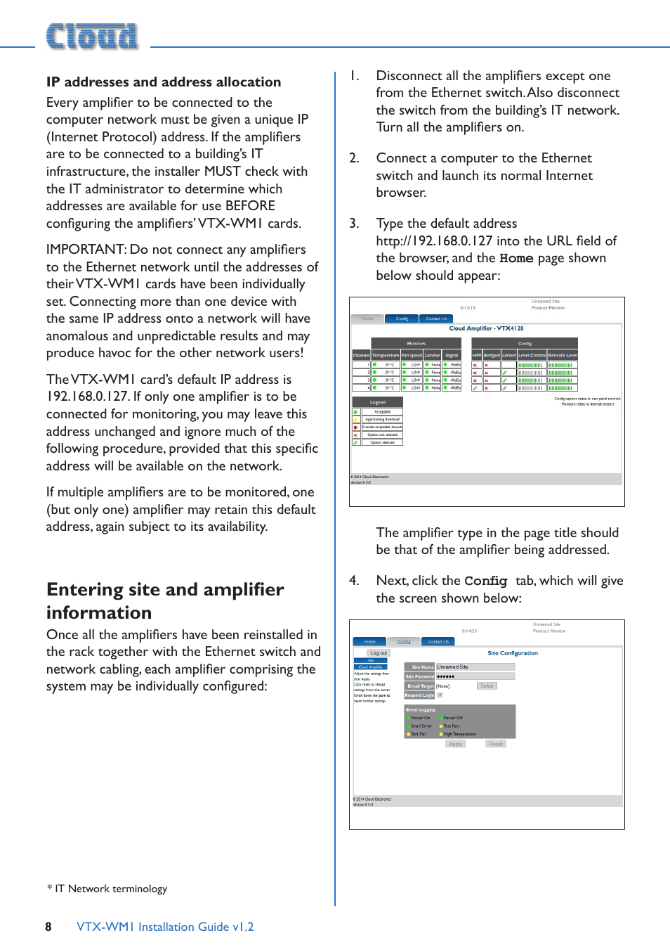Ip addresses and address allocation, Entering site and amplifier information | Cloud Electronics VTX-WM1 User Manual | Page 8 / 21