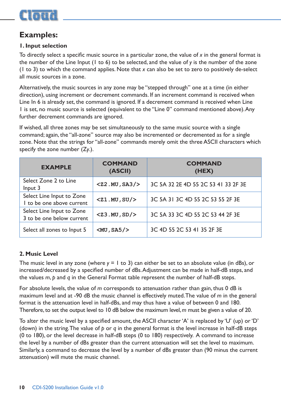 Input selection, Music level, Examples | Cloud Electronics CDI-S200 User Manual | Page 10 / 13