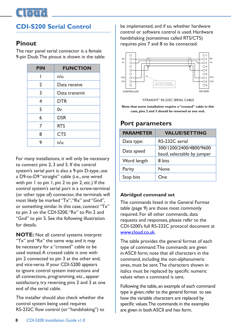 Cdi-s200 serial control, Pinout, Port parameters | Abridged command set, Cdi-s200 serial control pinout | Cloud Electronics CDI-S200 User Manual | Page 8 / 13