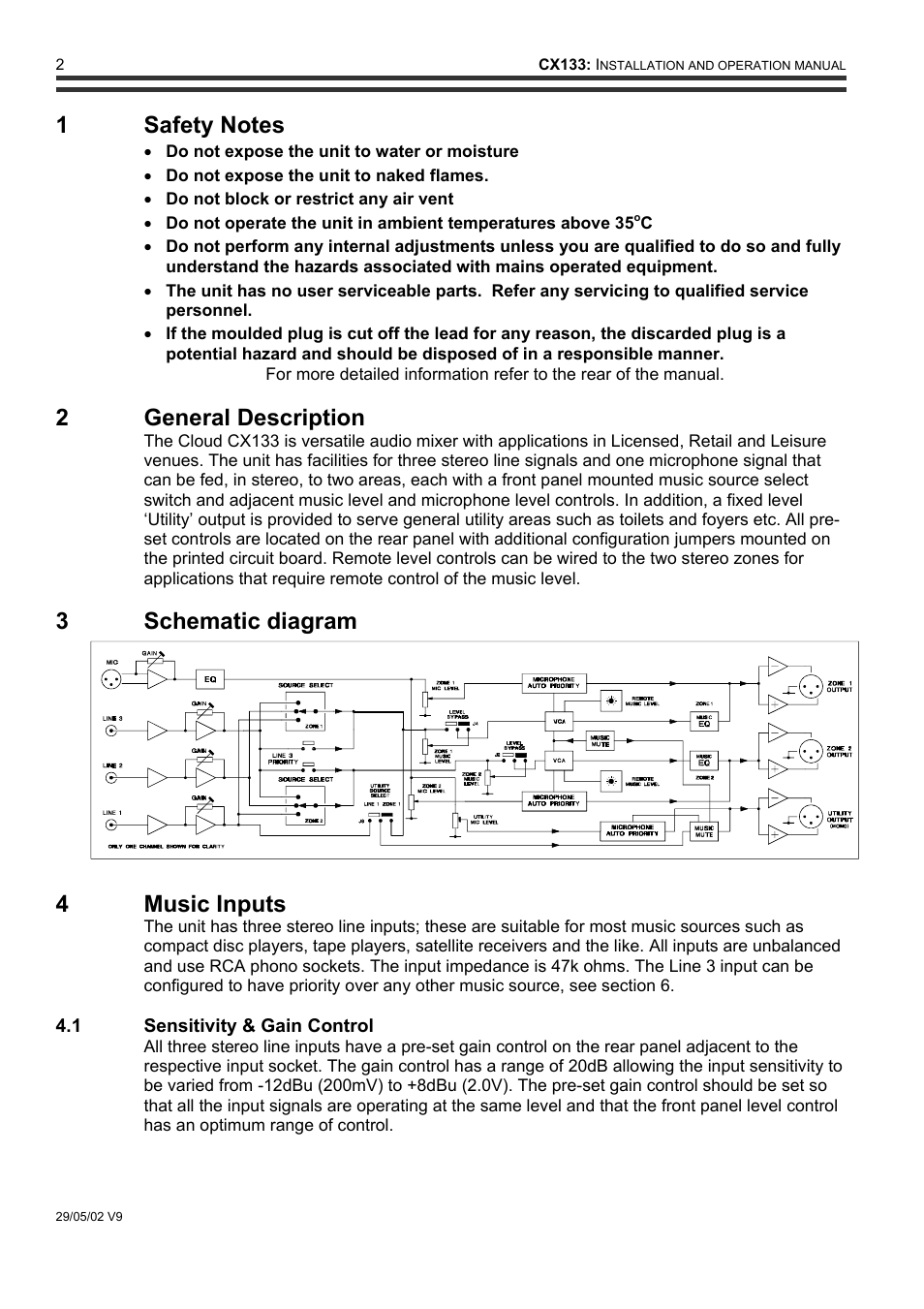 2 general description, 3 schematic diagram 4 music inputs | Cloud Electronics CX133 User Manual | Page 3 / 10