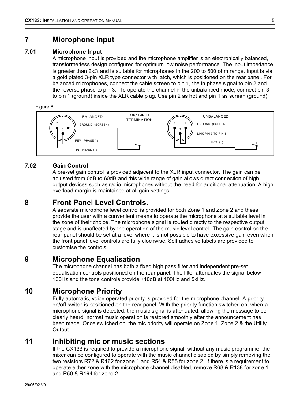 7 microphone input, 8front panel level controls, 9 microphone equalisation | 10 microphone priority, 01 microphone input, 02 gain control | Cloud Electronics CX133 User Manual | Page 6 / 10