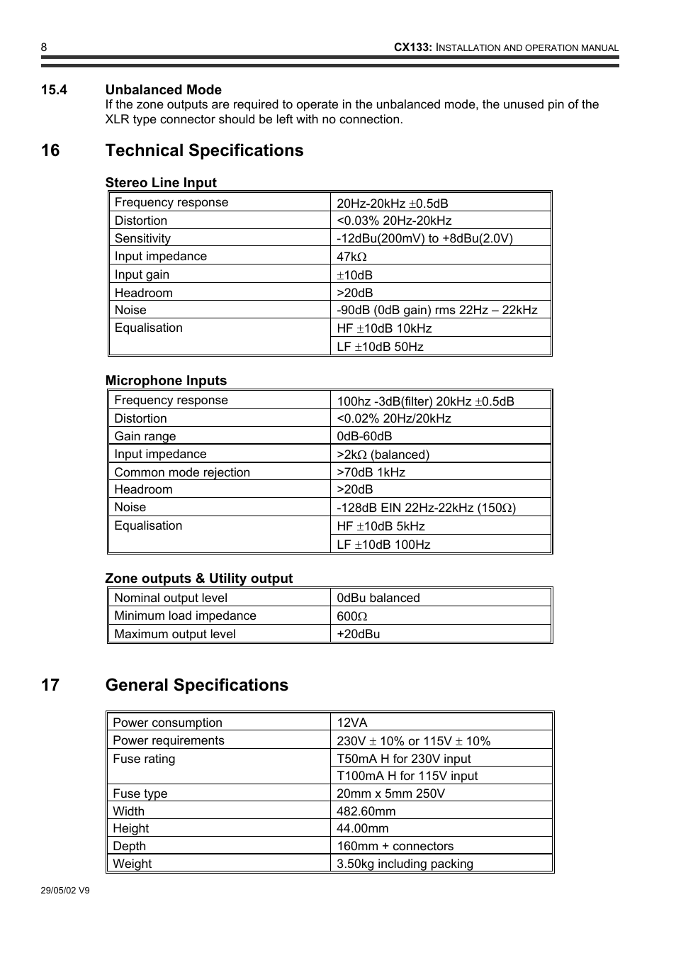 16 technical specifications, 17 general specifications | Cloud Electronics CX133 User Manual | Page 9 / 10