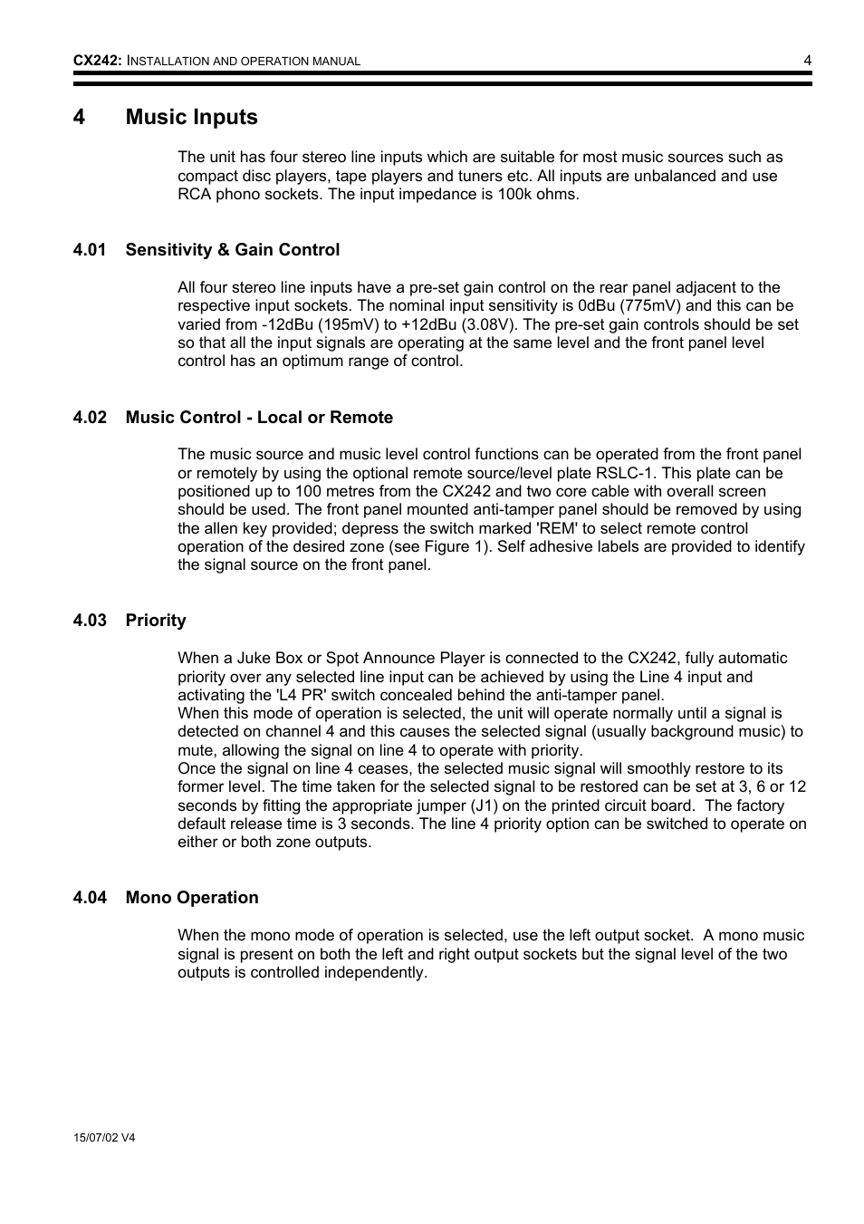 4 music inputs | Cloud Electronics CX242 User Manual | Page 5 / 12