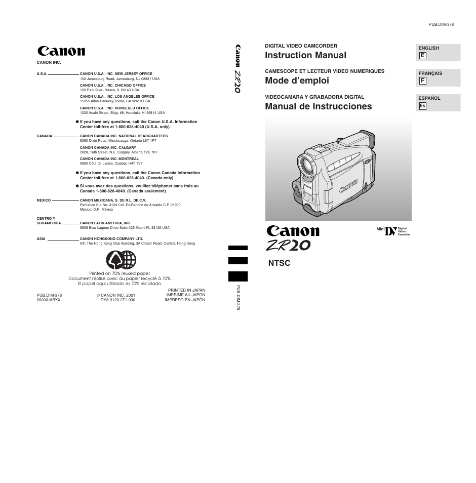 Canon Digital Video Camcorder ZR20 User Manual | 114 pages