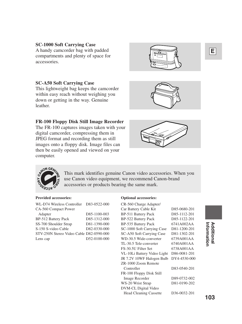 103 e | Canon Digital Video Camcorder ZR20 User Manual | Page 103 / 114