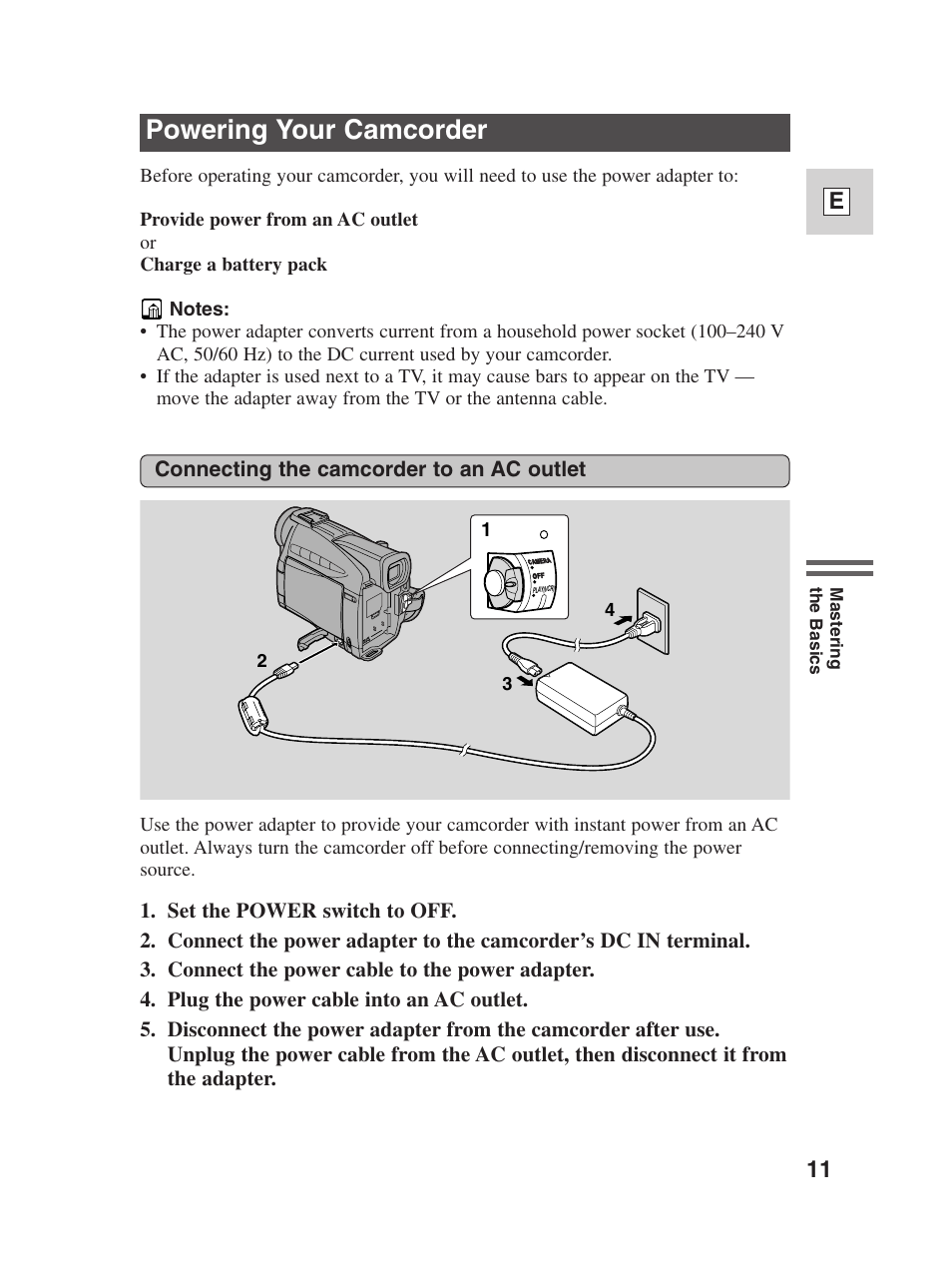 Powering your camcorder, 11 e | Canon Digital Video Camcorder ZR20 User Manual | Page 11 / 114
