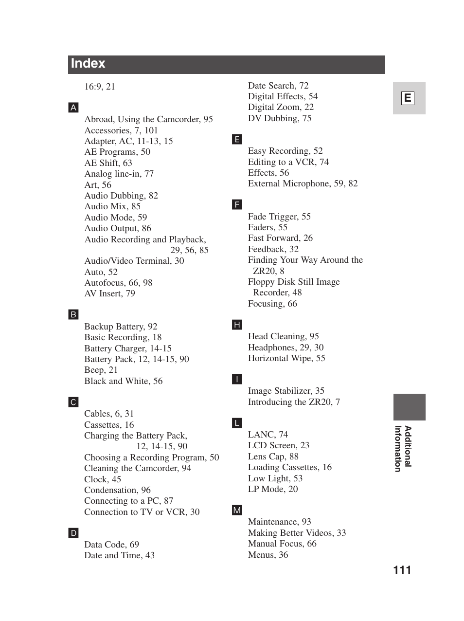 Index | Canon Digital Video Camcorder ZR20 User Manual | Page 111 / 114