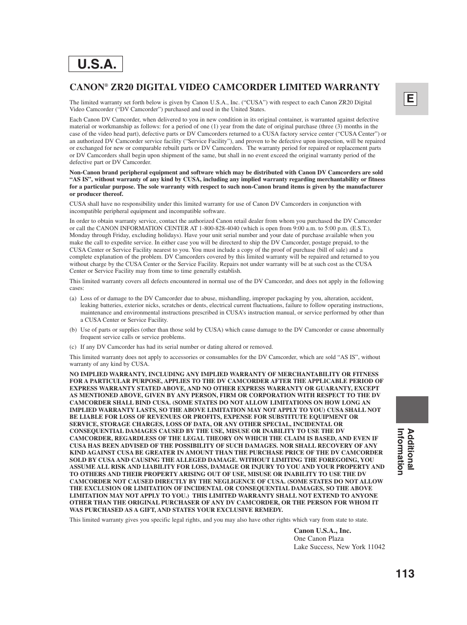 U.s.a, 113 e, Canon | Zr20 digital video camcorder limited warranty | Canon Digital Video Camcorder ZR20 User Manual | Page 113 / 114