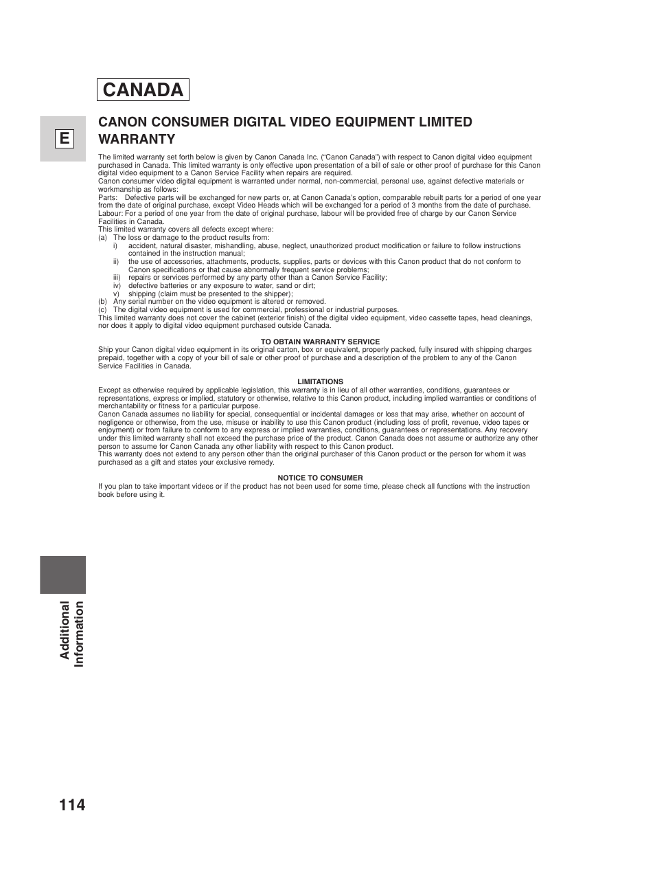 Canada, 114 e, Additional information | Canon Digital Video Camcorder ZR20 User Manual | Page 114 / 114