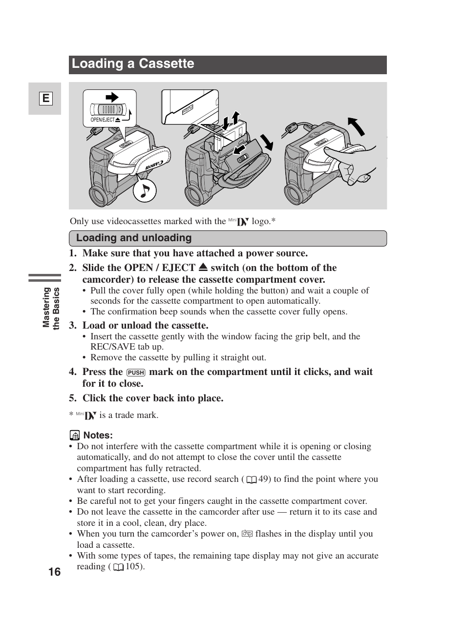 Loading a cassette, 16 e | Canon Digital Video Camcorder ZR20 User Manual | Page 16 / 114