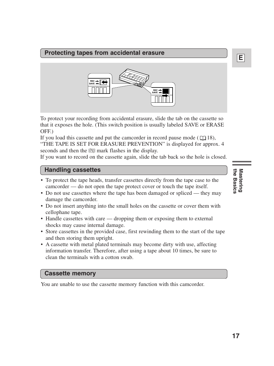 17 e, Protecting tapes from accidental erasure, Handling cassettes | Canon Digital Video Camcorder ZR20 User Manual | Page 17 / 114