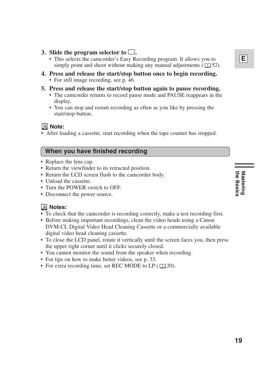 19 e | Canon Digital Video Camcorder ZR20 User Manual | Page 19 / 114