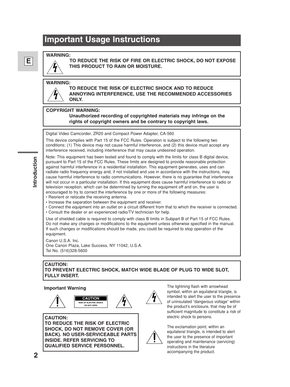 Important usage instructions | Canon Digital Video Camcorder ZR20 User Manual | Page 2 / 114