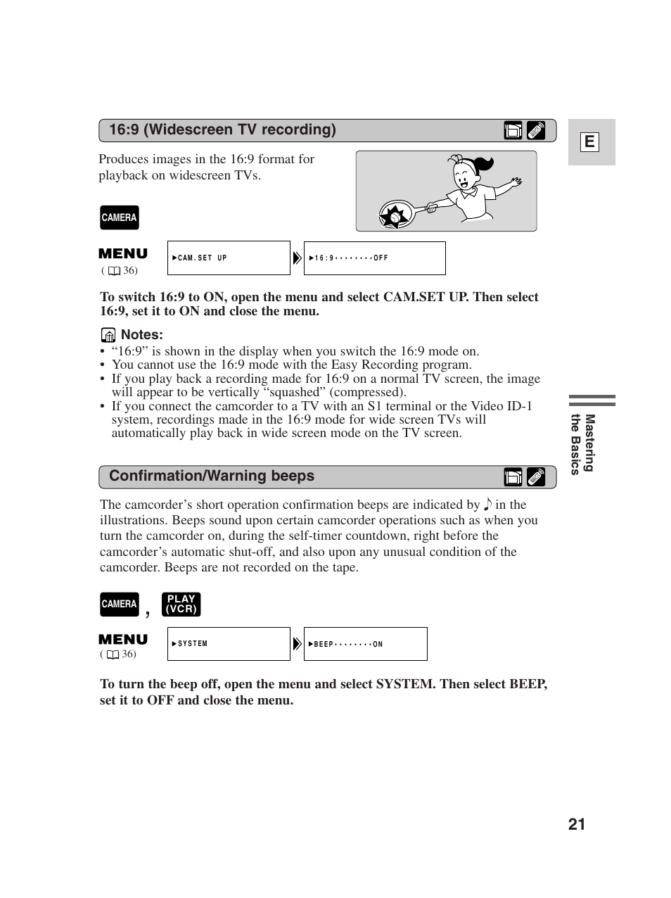 21 e, Confirmation/warning beeps, 9 (widescreen tv recording) | Canon Digital Video Camcorder ZR20 User Manual | Page 21 / 114