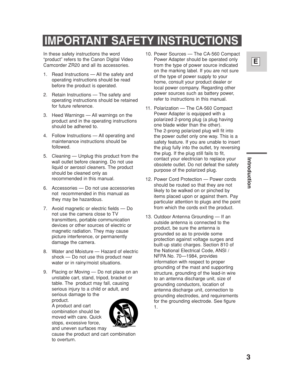 Important safety instructions | Canon Digital Video Camcorder ZR20 User Manual | Page 3 / 114