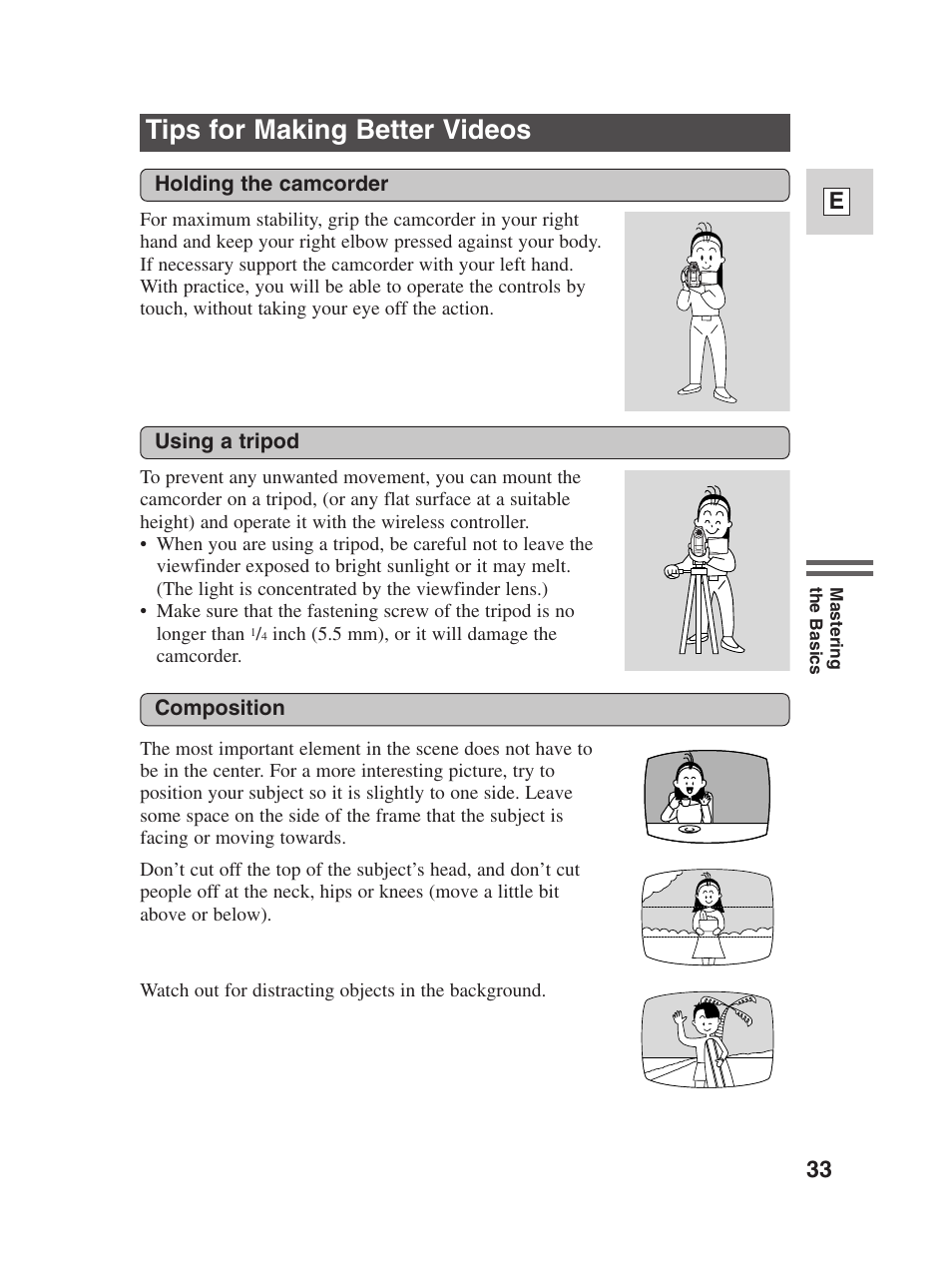 Tips for making better videos, 33 e | Canon Digital Video Camcorder ZR20 User Manual | Page 33 / 114