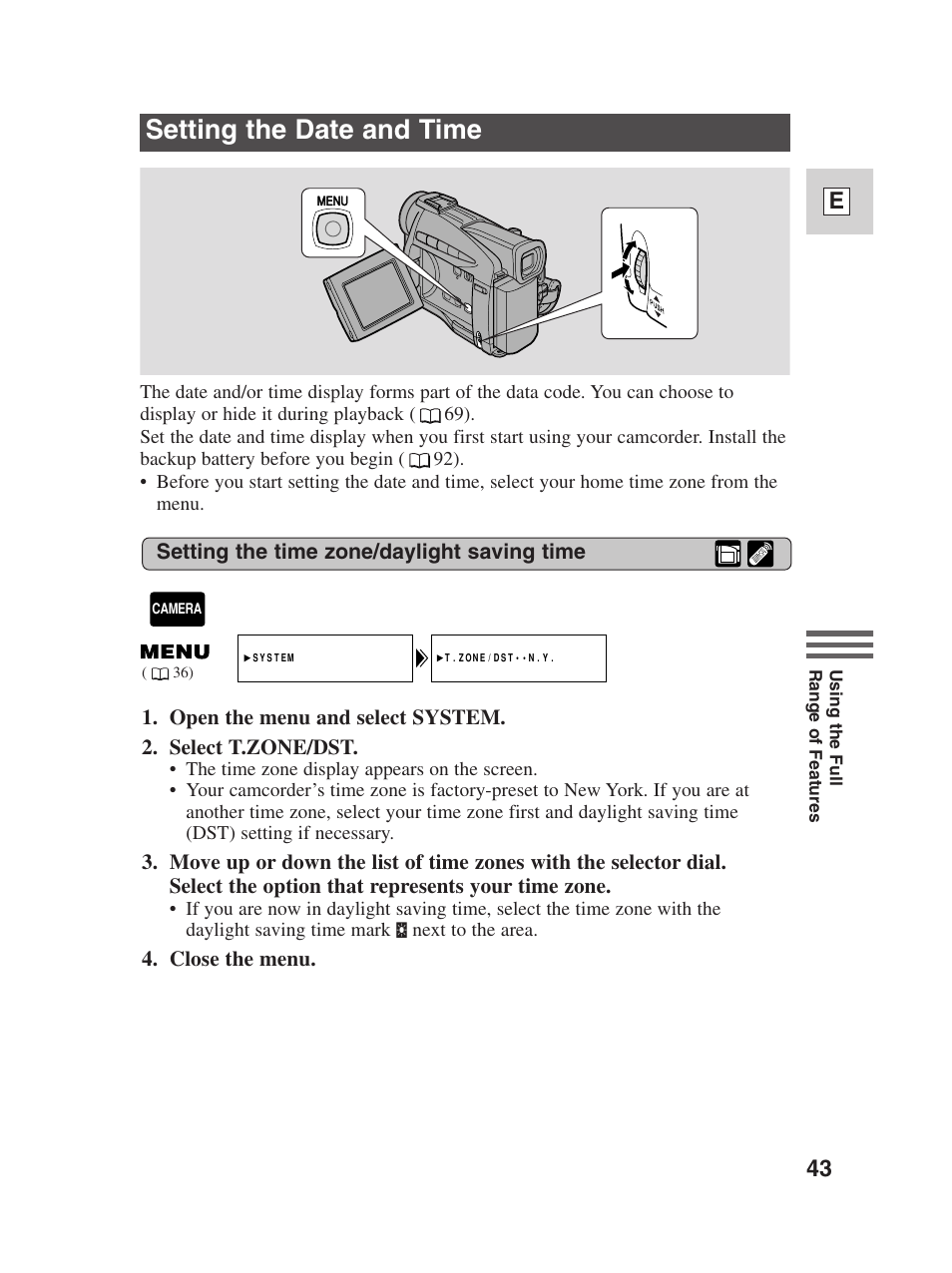 Setting the date and time, 43 e | Canon Digital Video Camcorder ZR20 User Manual | Page 43 / 114