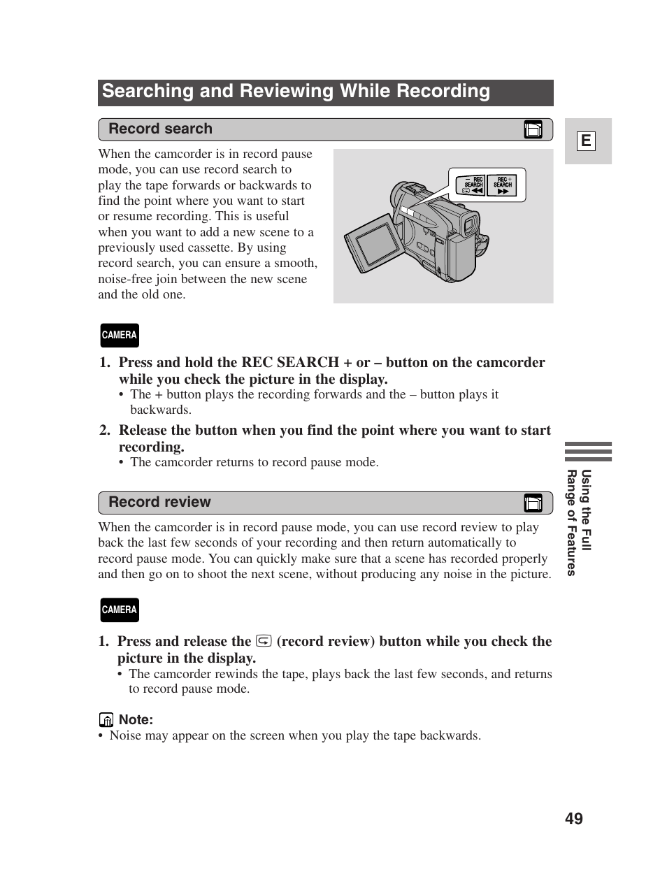 Searching and reviewing while recording, 49 e | Canon Digital Video Camcorder ZR20 User Manual | Page 49 / 114