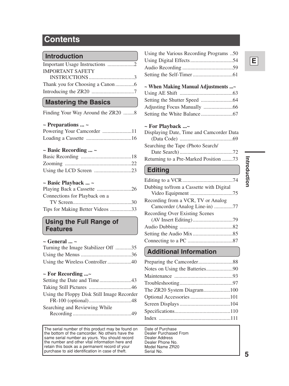 Canon Digital Video Camcorder ZR20 User Manual | Page 5 / 114