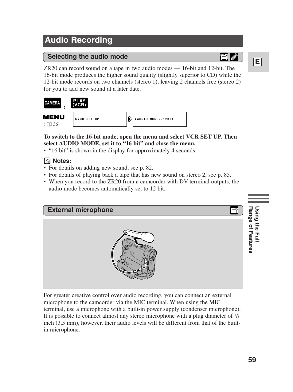 Audio recording, 59 e | Canon Digital Video Camcorder ZR20 User Manual | Page 59 / 114