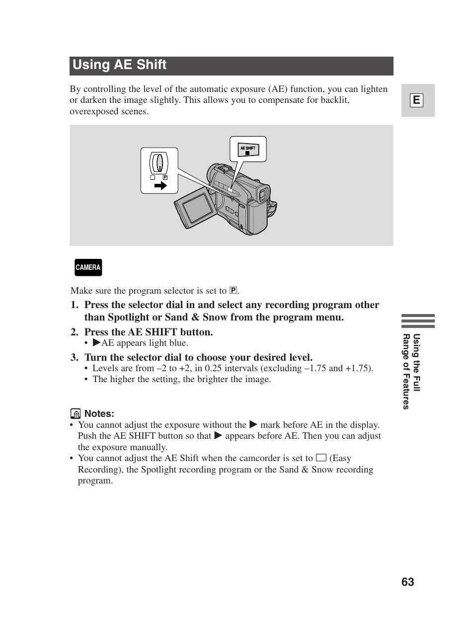 Using ae shift, 63 e | Canon Digital Video Camcorder ZR20 User Manual | Page 63 / 114