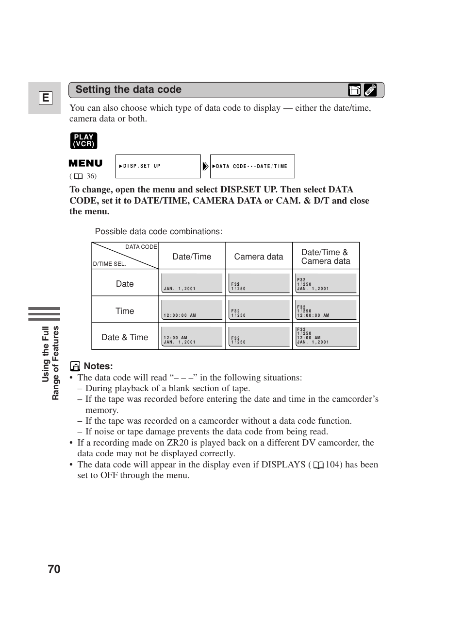 70 e, Setting the data code | Canon Digital Video Camcorder ZR20 User Manual | Page 70 / 114