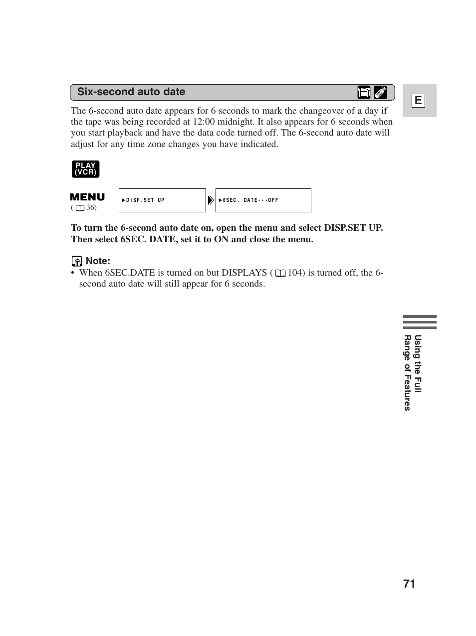 71 e, Six-second auto date | Canon Digital Video Camcorder ZR20 User Manual | Page 71 / 114