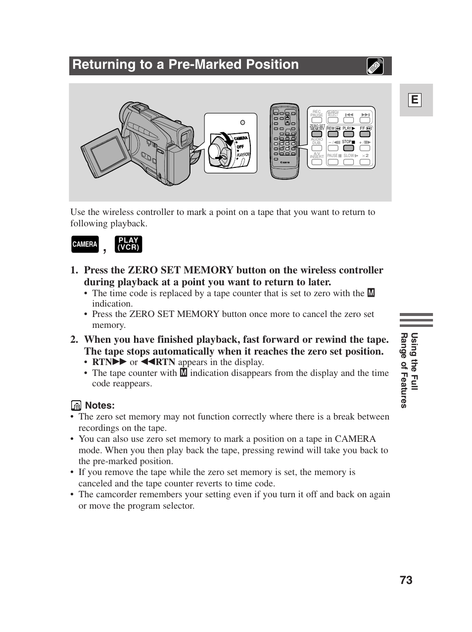 Returning to a pre-marked position, 73 e | Canon Digital Video Camcorder ZR20 User Manual | Page 73 / 114