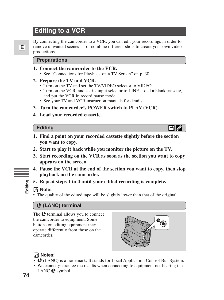 Editing to a vcr | Canon Digital Video Camcorder ZR20 User Manual | Page 74 / 114