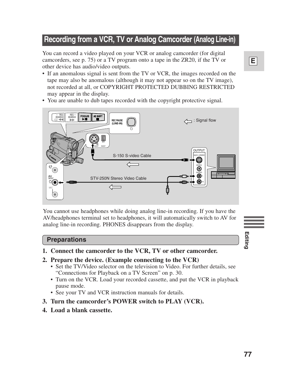 77 e, Editing | Canon Digital Video Camcorder ZR20 User Manual | Page 77 / 114