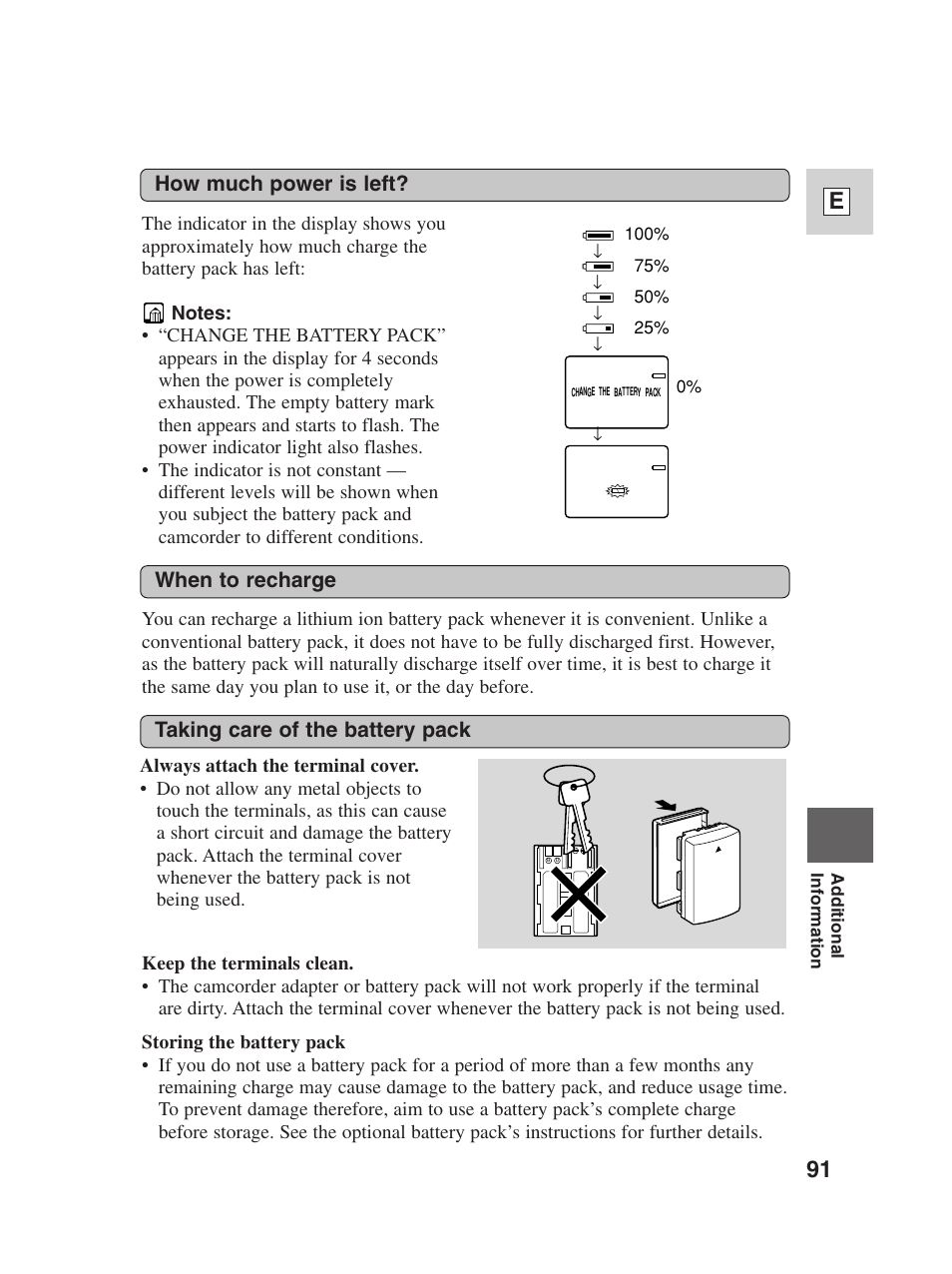 91 e, Taking care of the battery pack, When to recharge | How much power is left | Canon Digital Video Camcorder ZR20 User Manual | Page 91 / 114