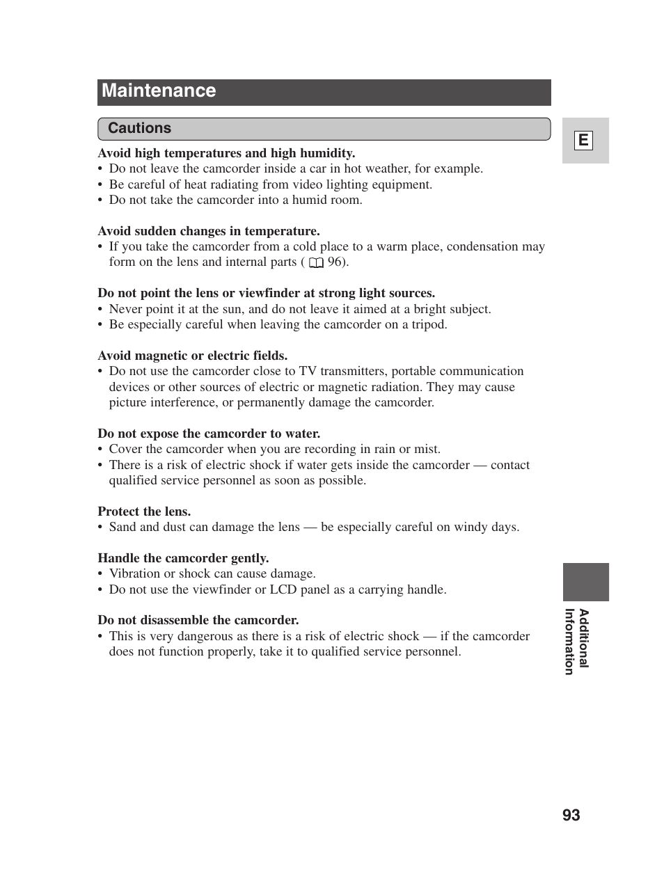 Maintenance, 93 e | Canon Digital Video Camcorder ZR20 User Manual | Page 93 / 114